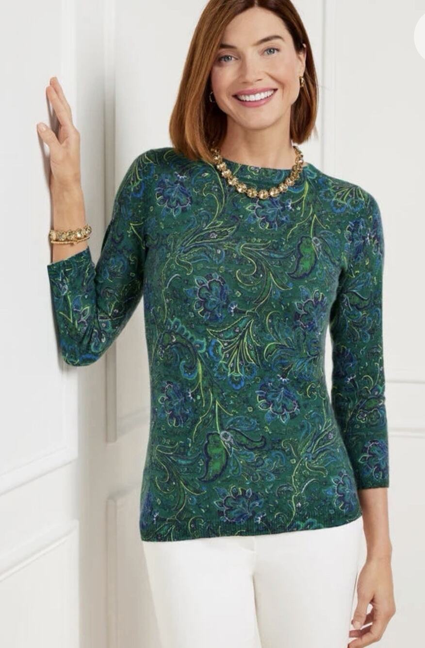 Talbots Women Cashmere Sweater XL green blue Paisley luxury designer career